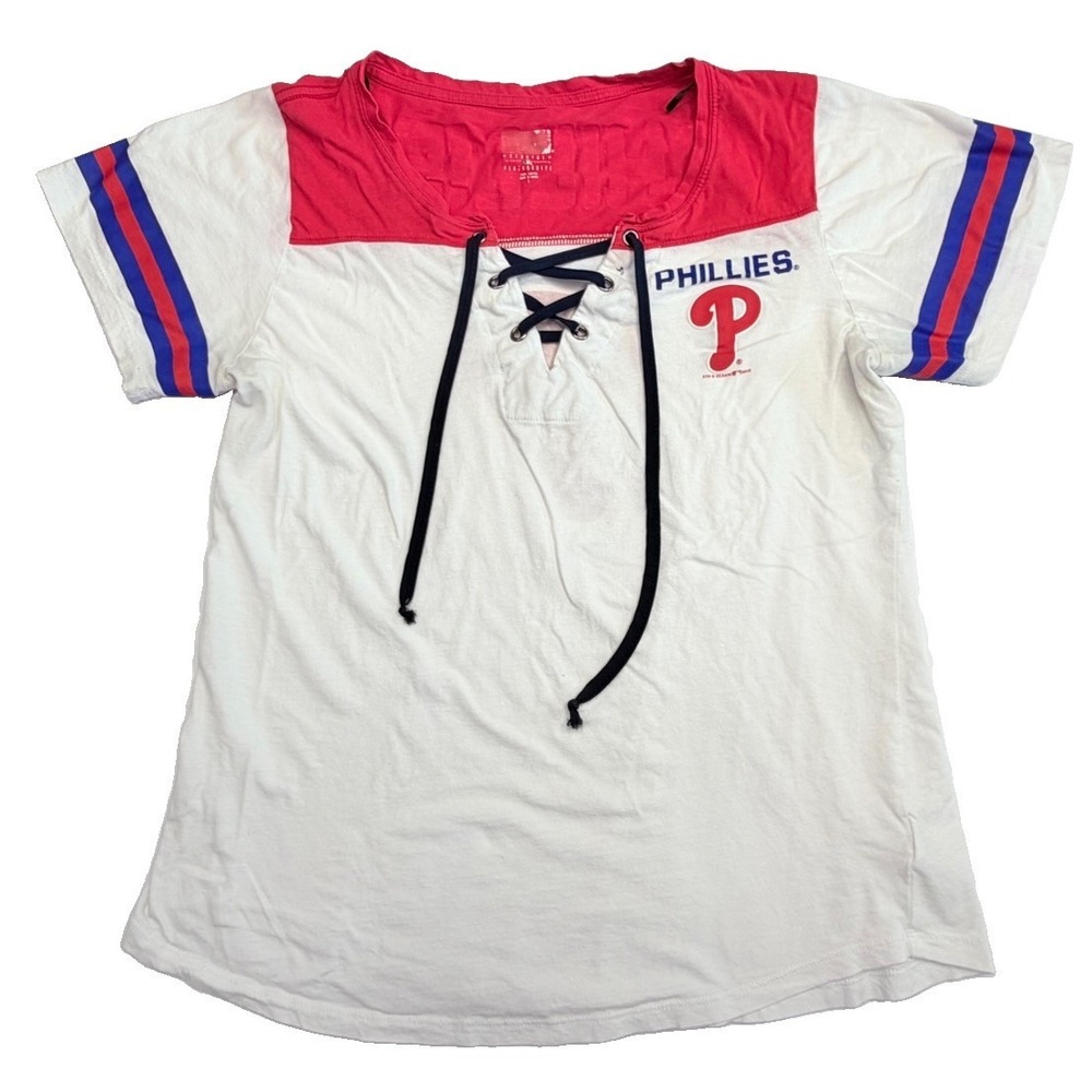 Philadelphia Phillies Lace-Up V-Neck T-Shirt Women's L MLB Genuine Merchandise‎